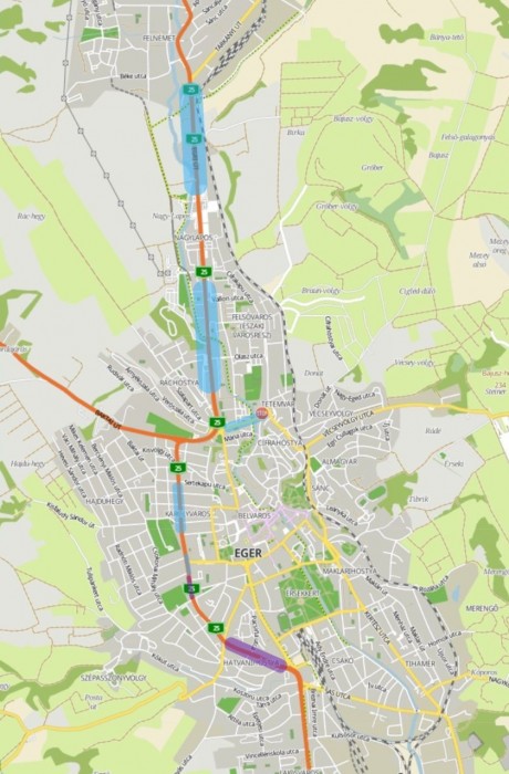 Útépítési körkép, Eger térképen a munkával érintett szakaszok